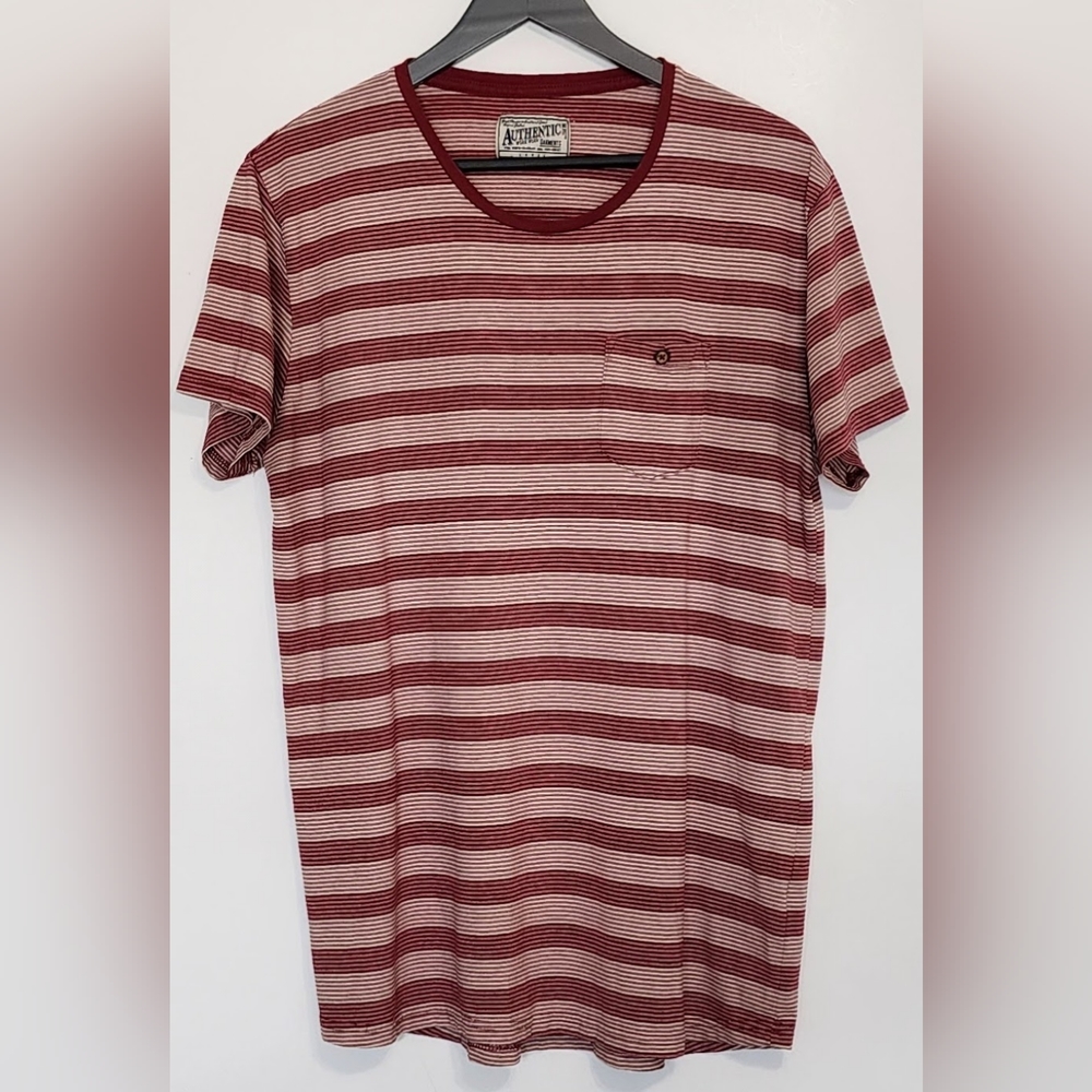 Authentic Work Worn Garments  Mens Large  Burgundy Striped  Short Sleeve T-Shirt